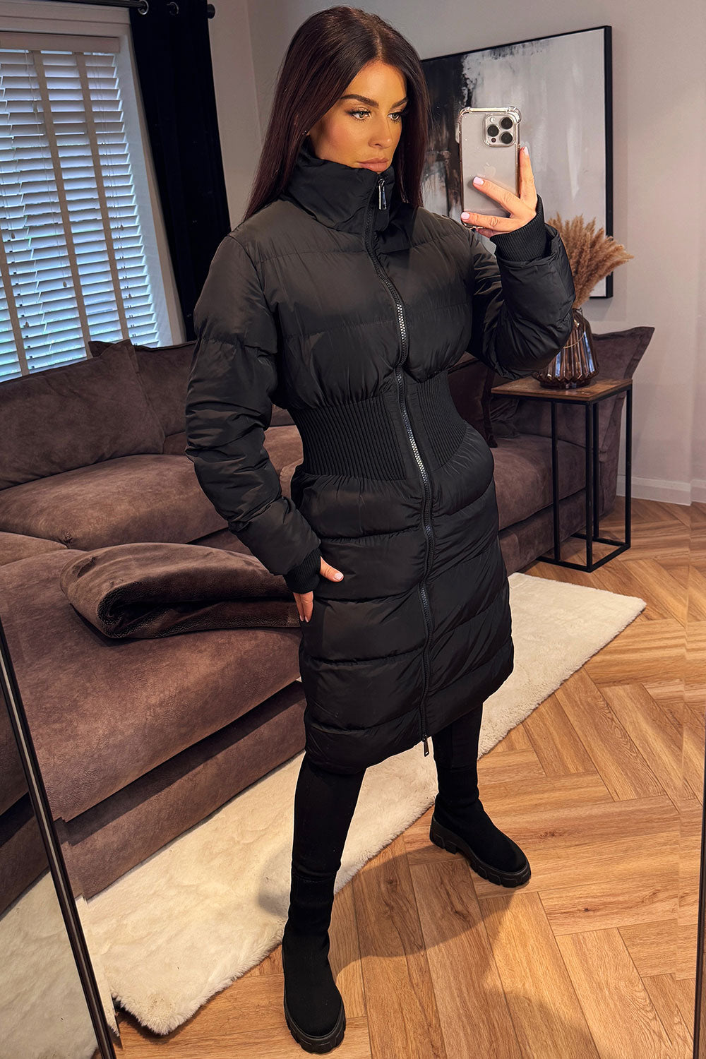 womens puffer padded winter coat with structured rib contour