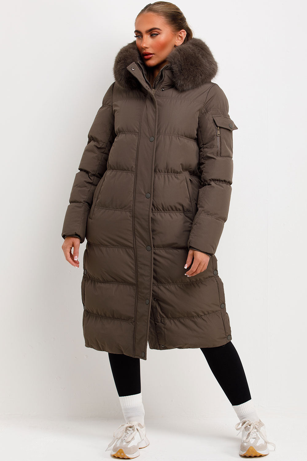 womens khaki puffer coat with faux fur hood