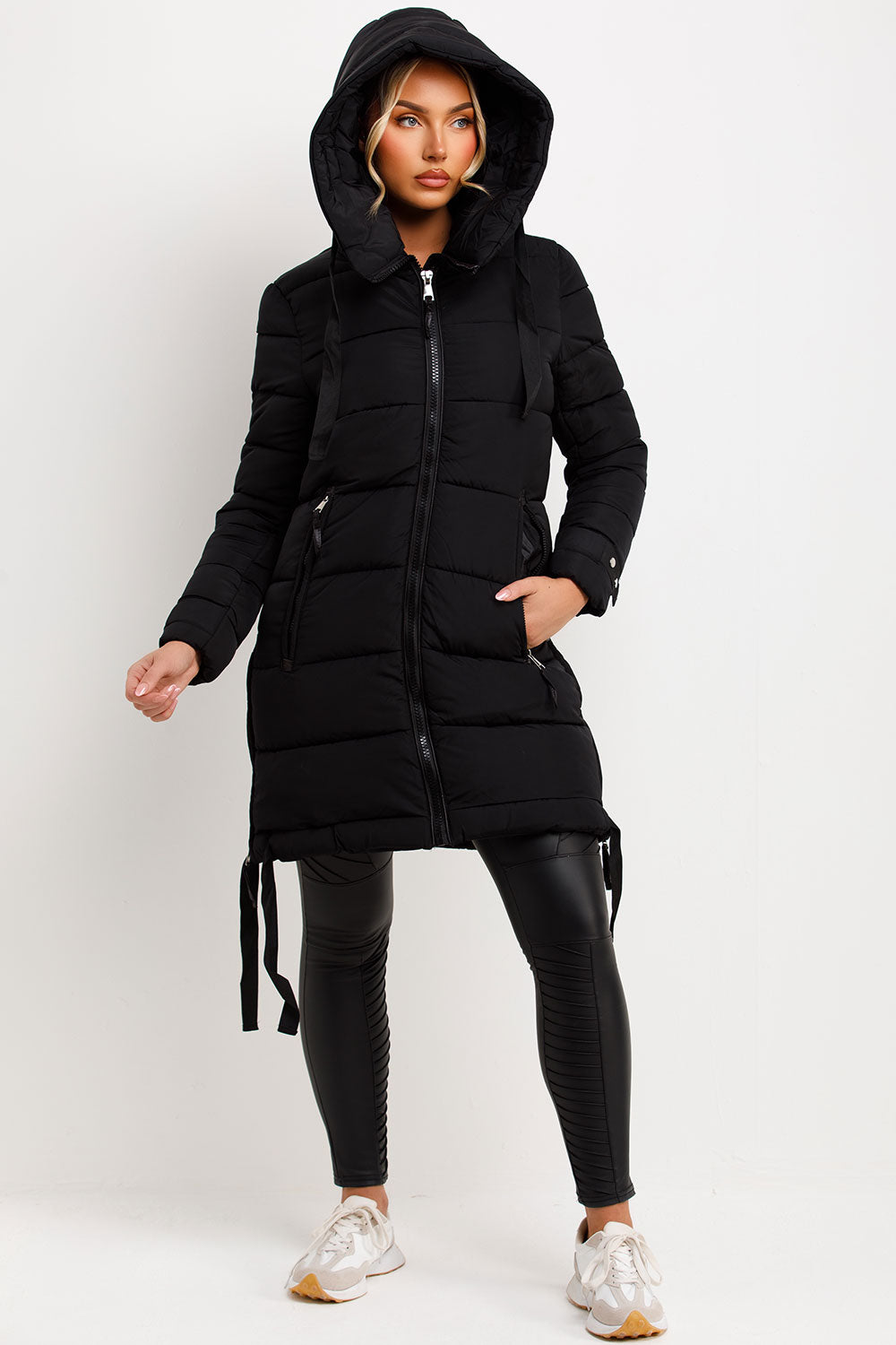 womens long puffer padded black coat with hood outerwear