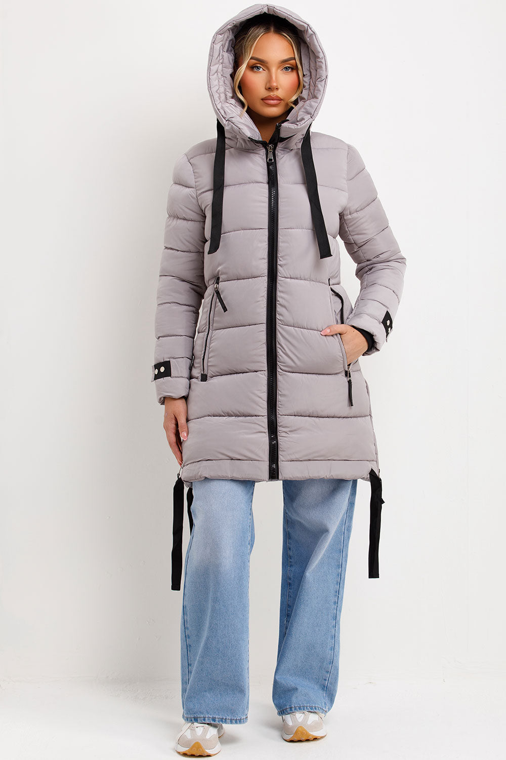 womens long puffer padded hooded coat with side straps outerwear