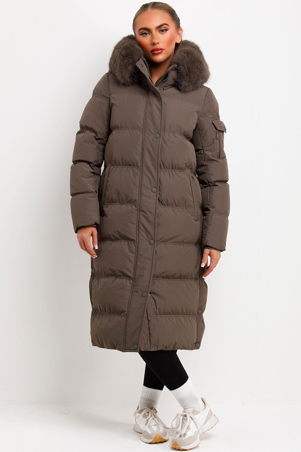 womens khaki faux fur hood puffer padded down coat