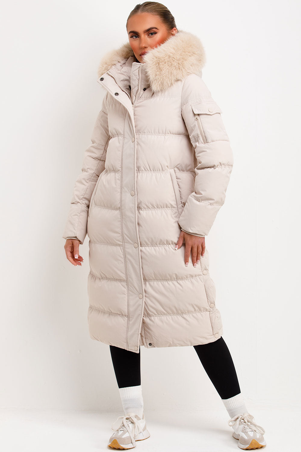 womens beige puffer coat with faux fur hood