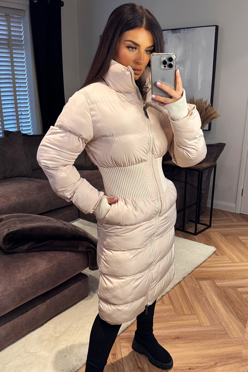 womens puffer padded winter coat with structured rib contour