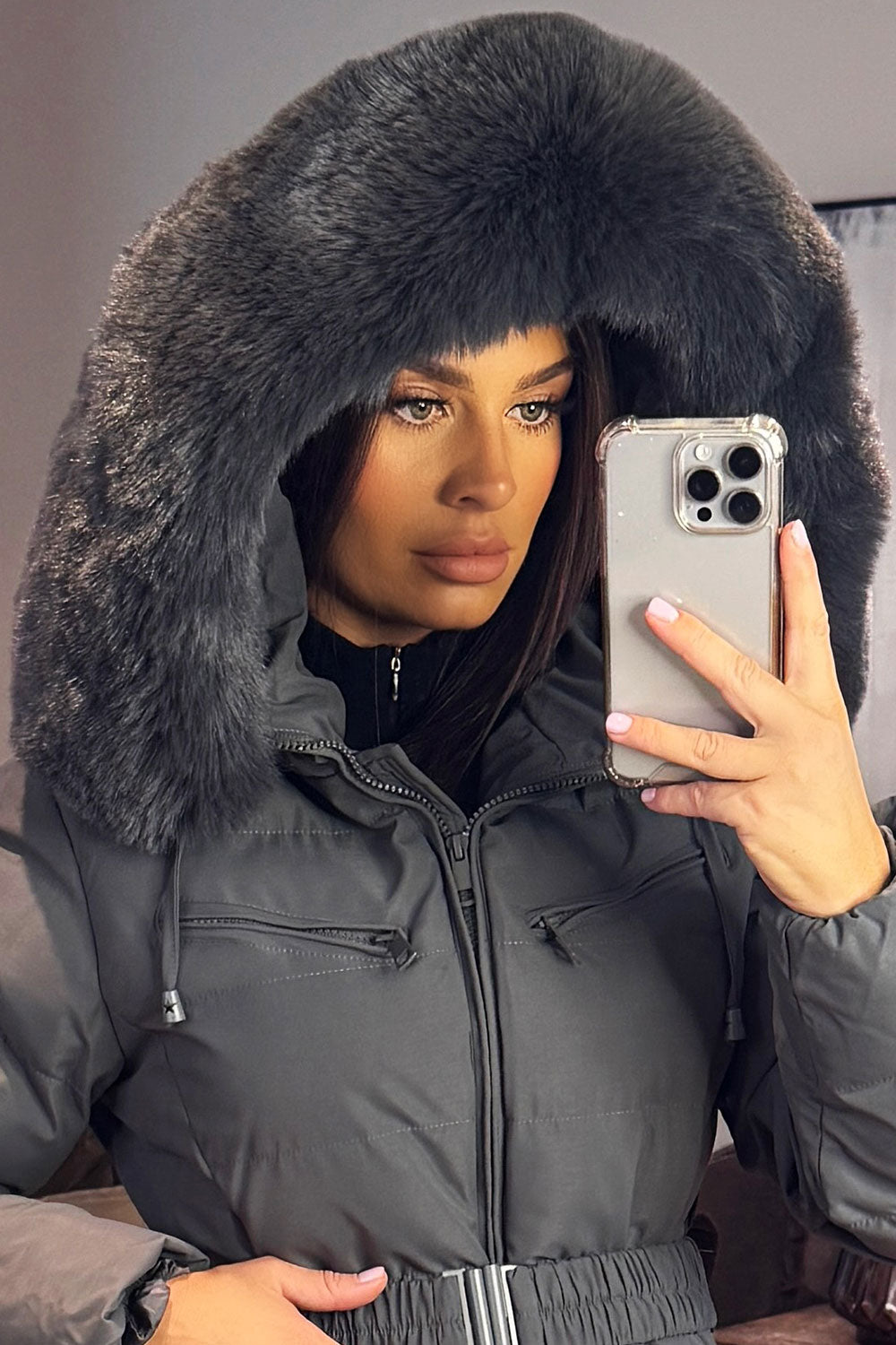 womens fur hood winter coat with belt styledup