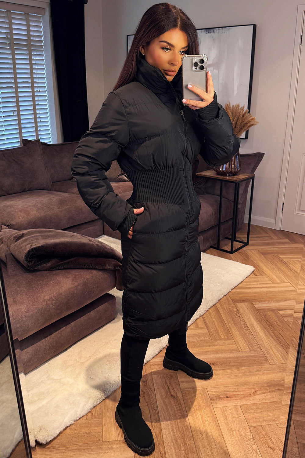 womens long puffer padded winter coat with contour ribbed shape