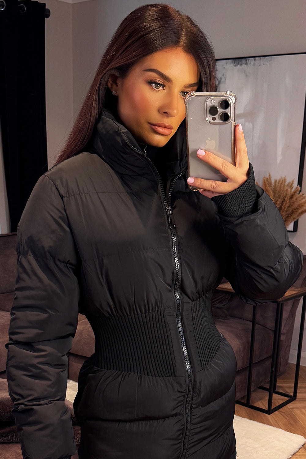 longline puffer coat for winter with rib structured shape for womens