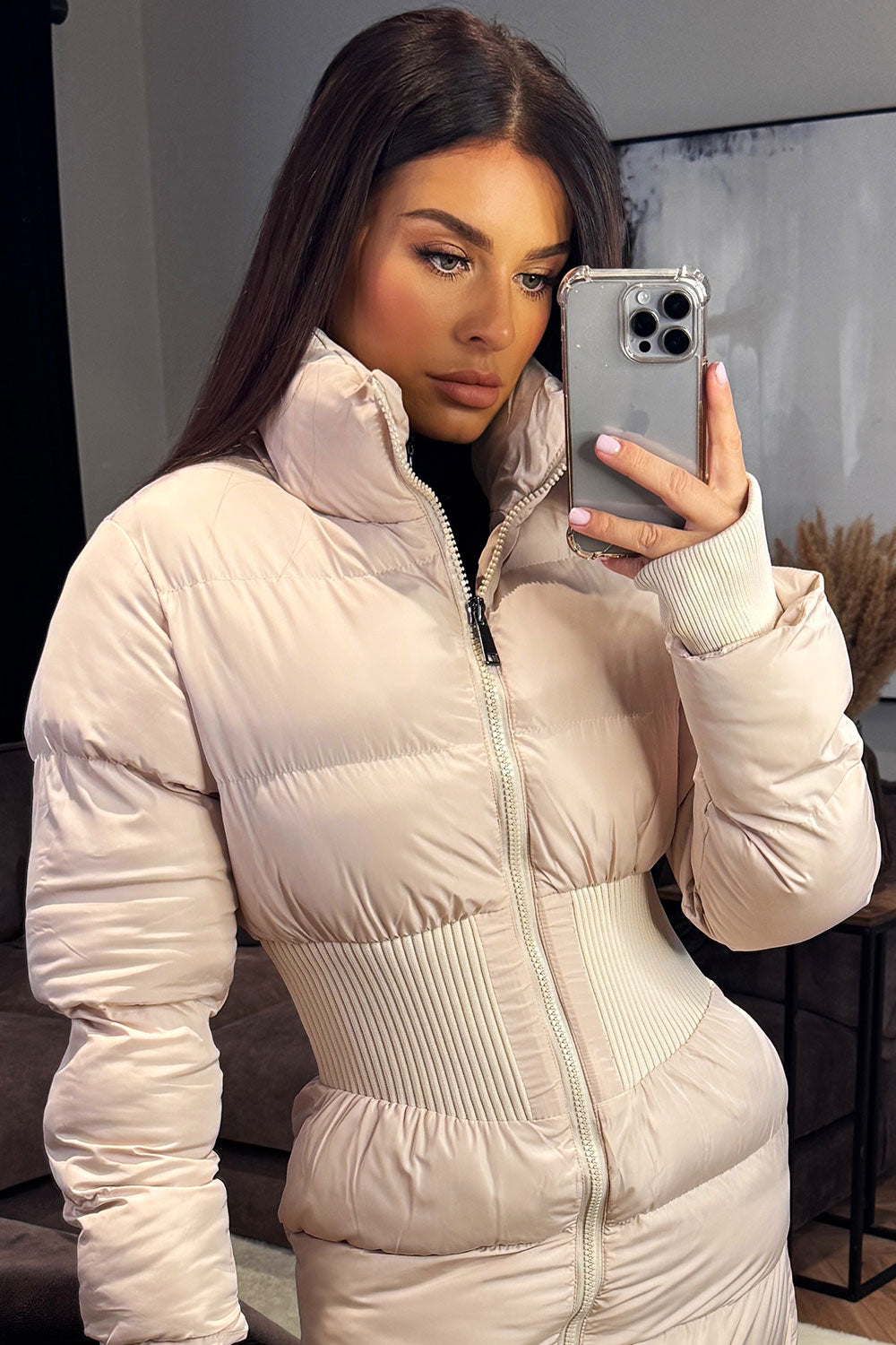 womens puffer padded winter coat with ribbed contour detail