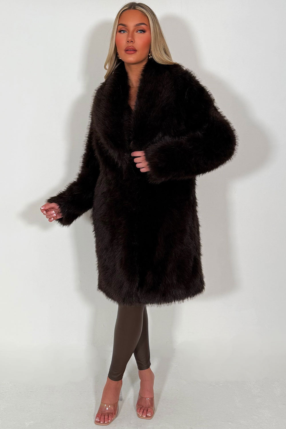 womens brown fur coat longline styledup