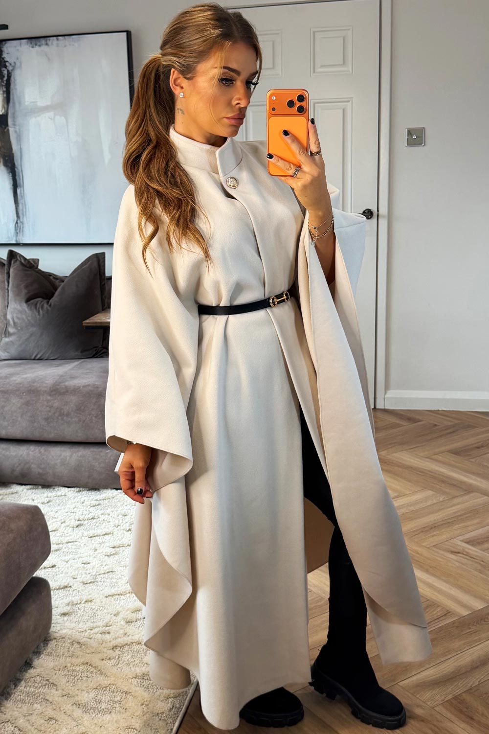 beige long poncho cape with belt women's