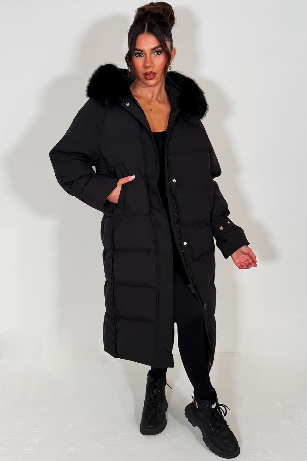 faux fur hood long down coat for winter womens styledup
