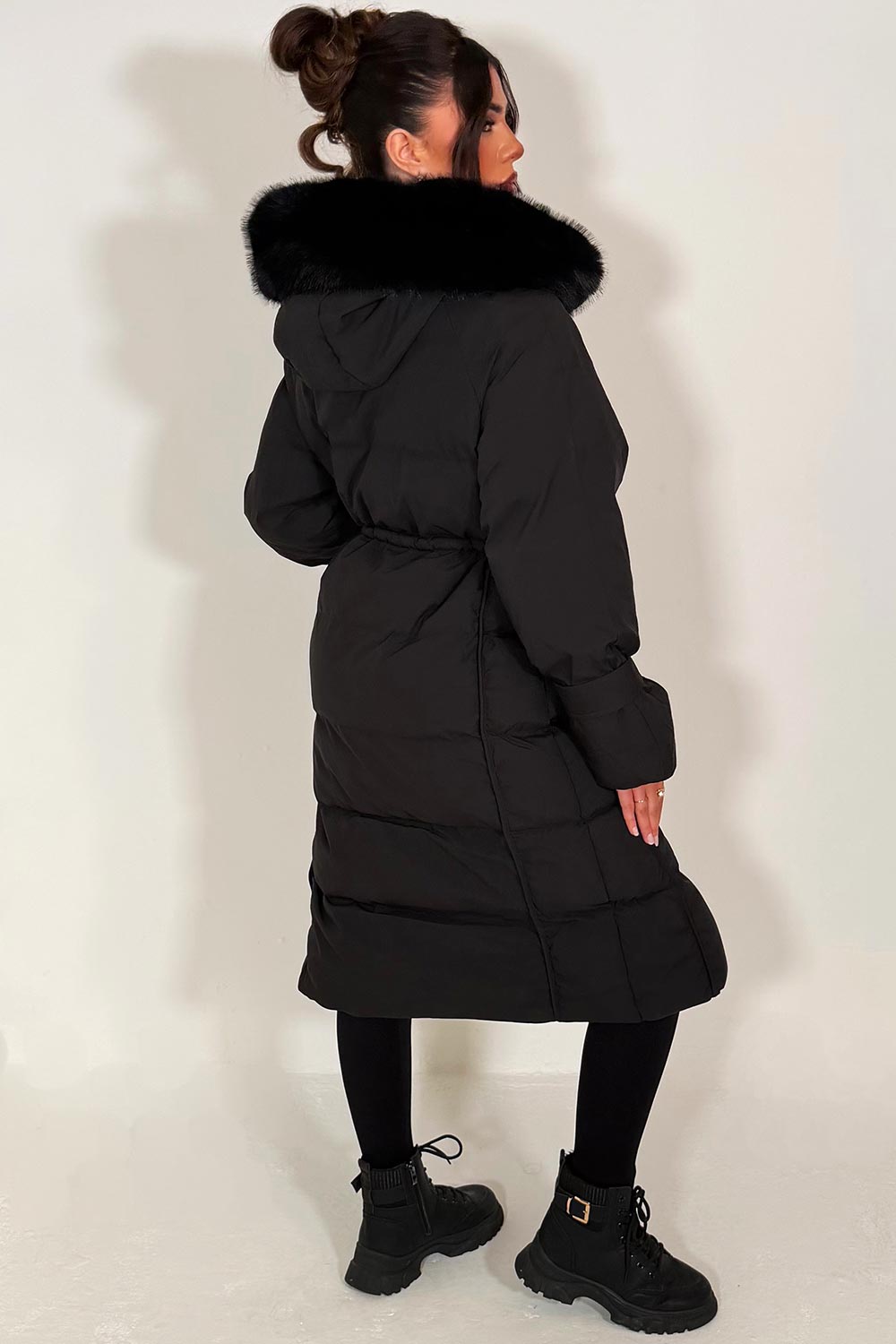 womens thick padded down longline black coat for winter styledup