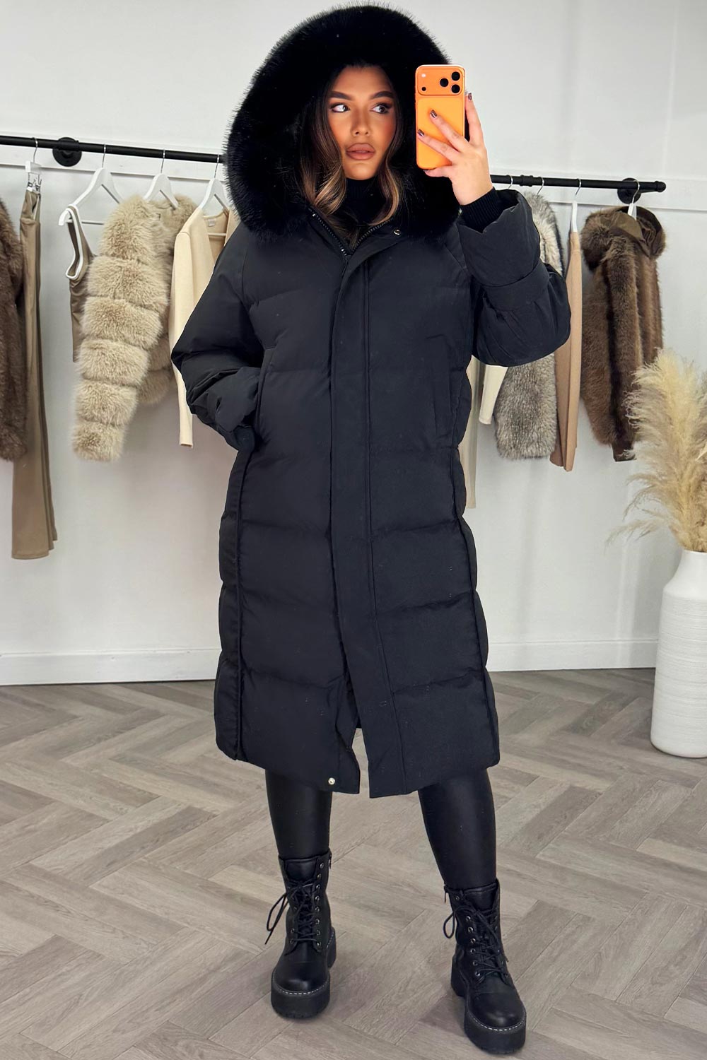 faux fur hood long puffer down coat with fur hood