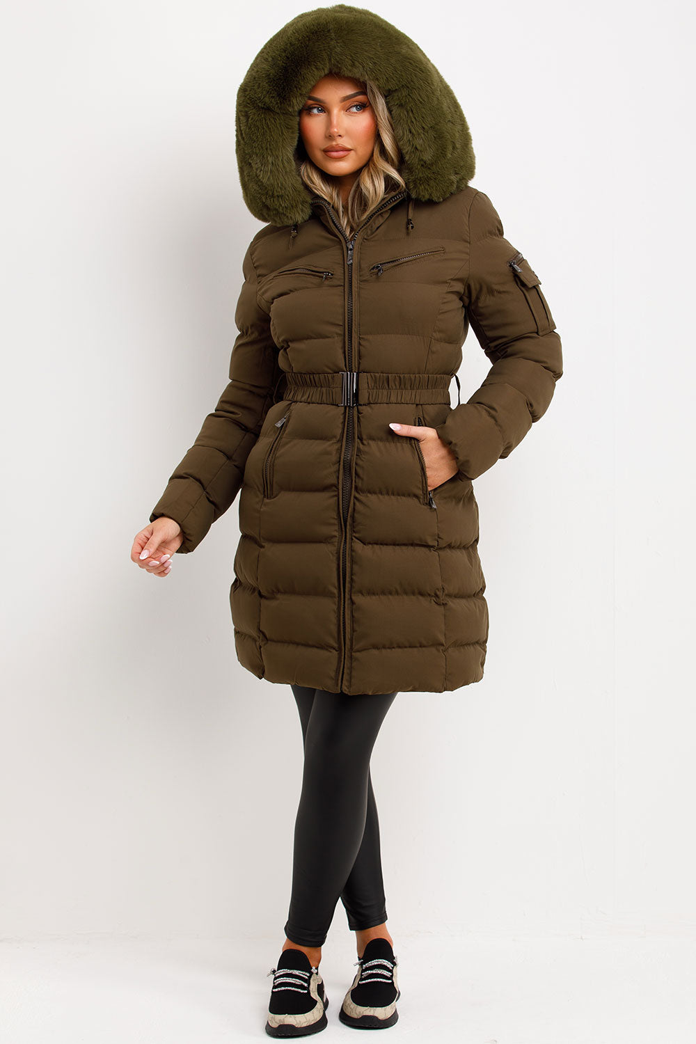 long winter puffer padded coat with belt