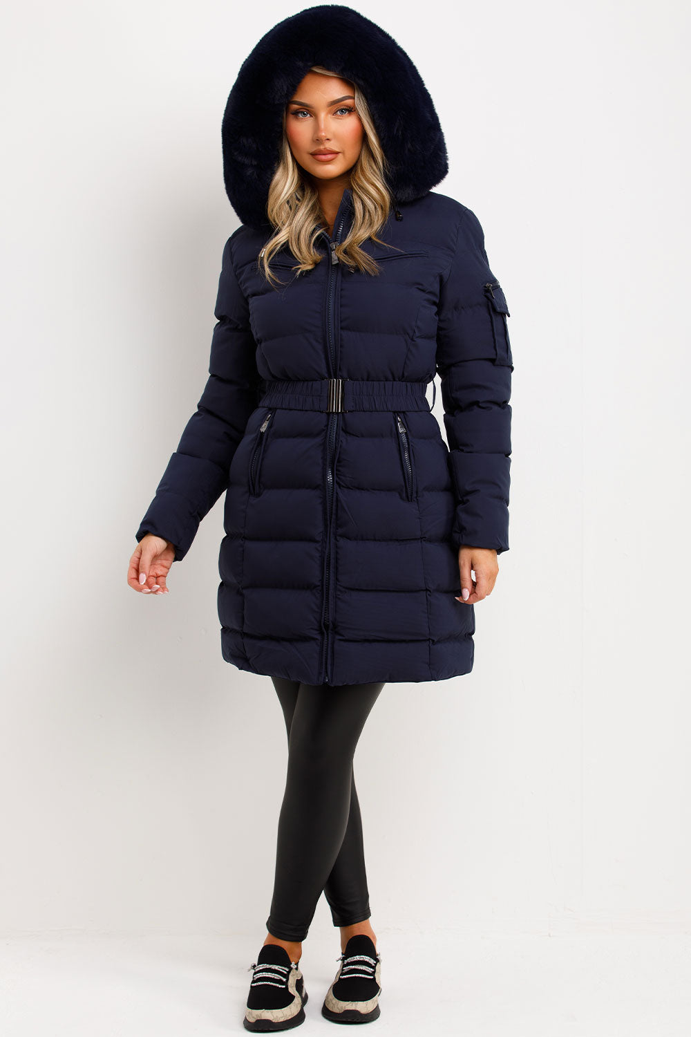 long winter puffer padded coat with belt