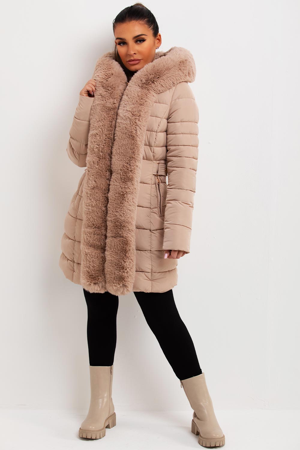 puffer coat with fur hood and trim womens outerwear