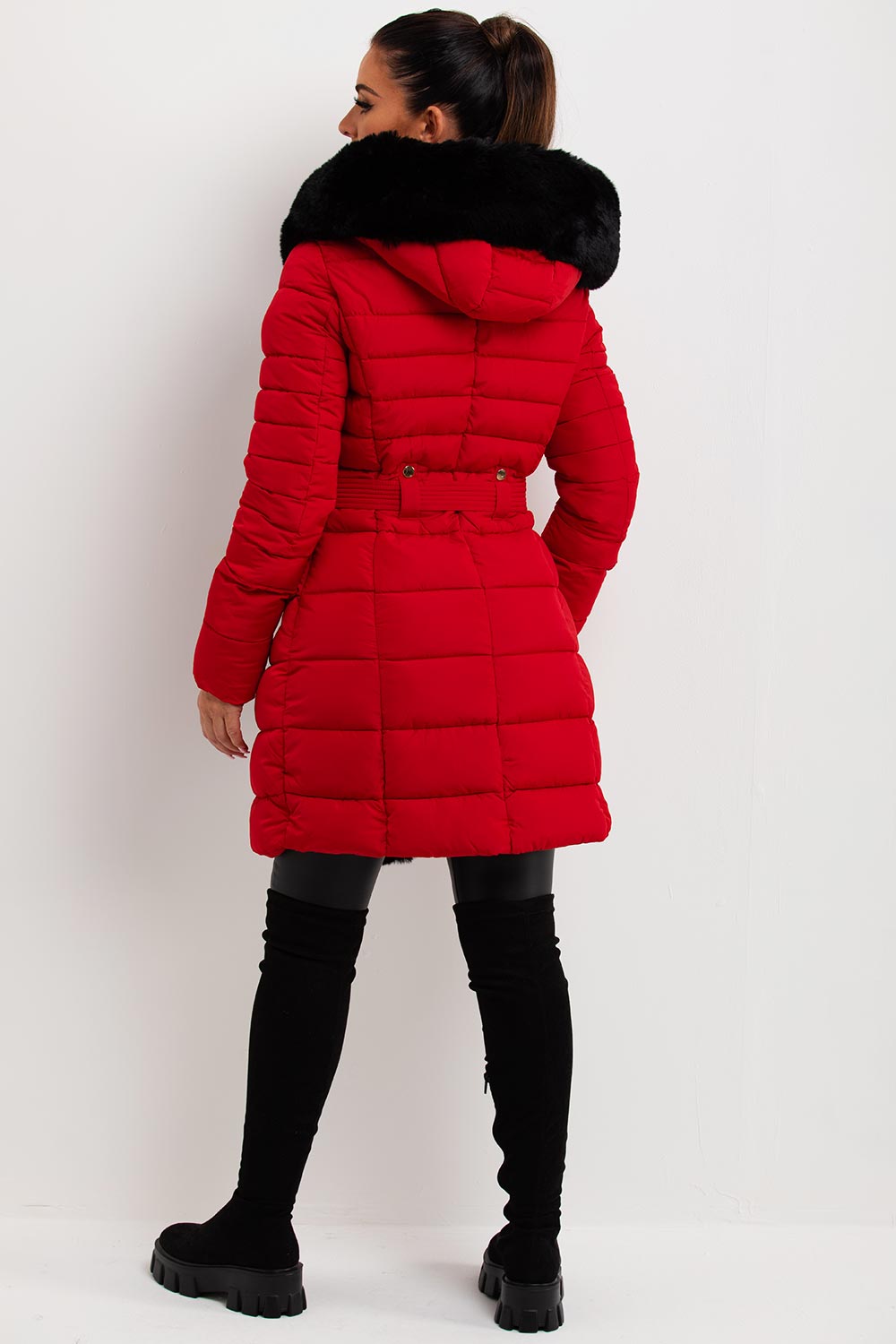 long puffer coat with faux fur hood and trim sale womens uk