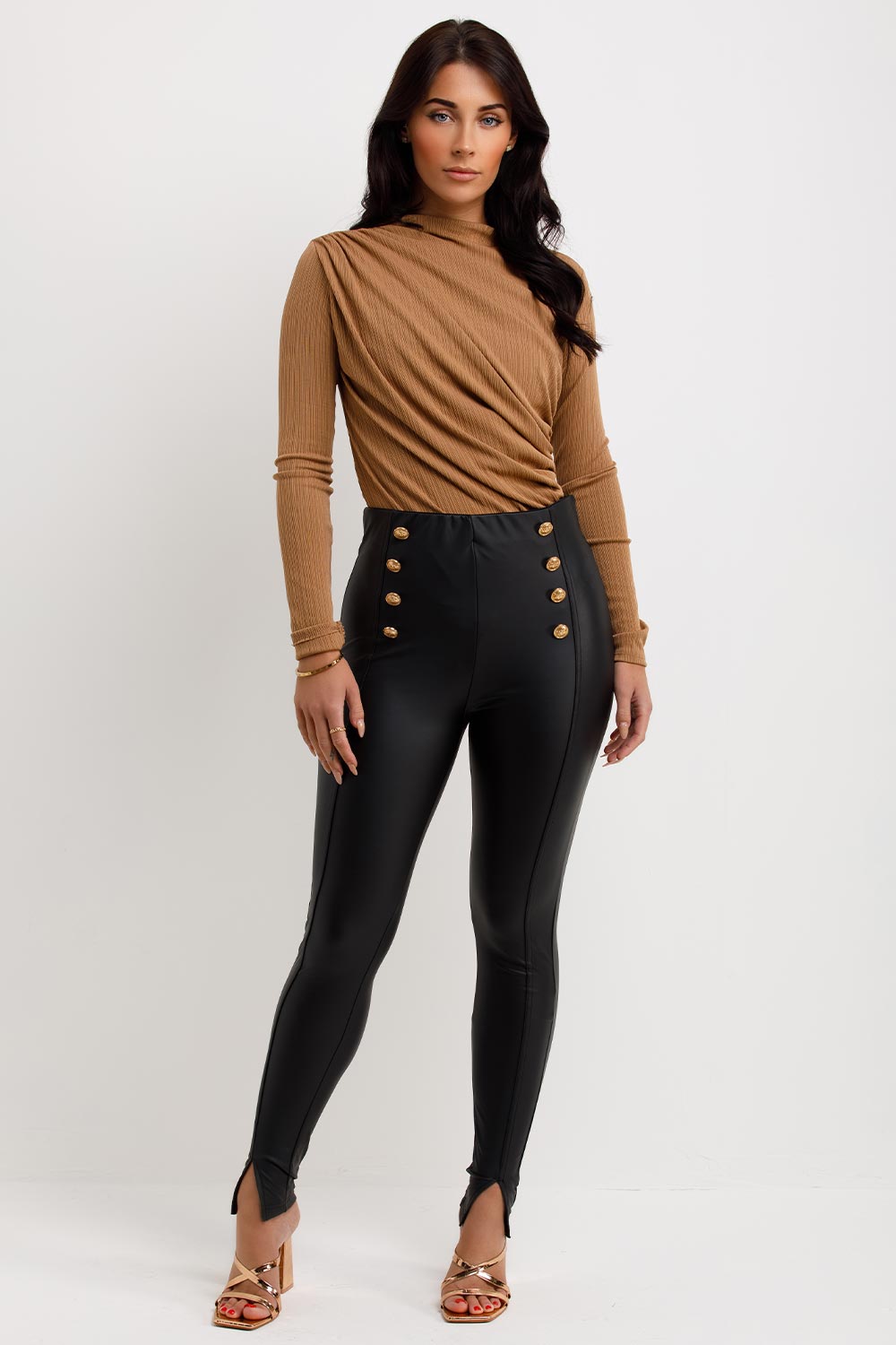 gathered long sleeve bodysuit top beige