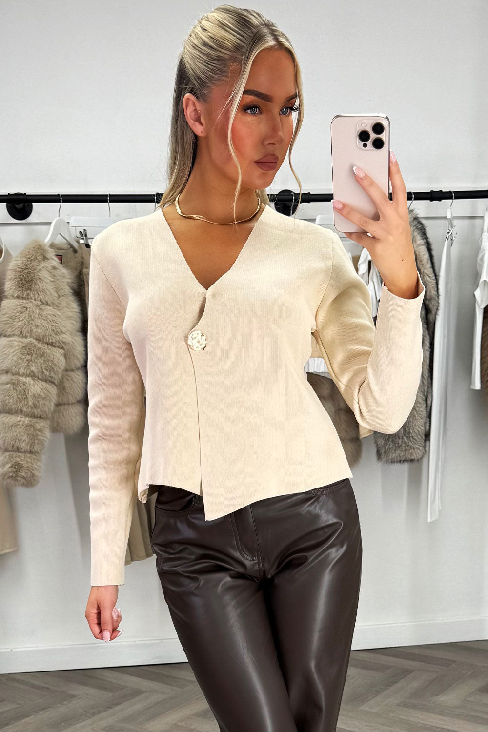 gold button knitted jumper with long sleeves womens christmas party outfit