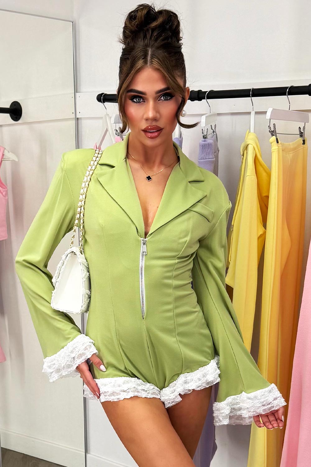 ruffle frilly lace trim blazer playsuit green styledup