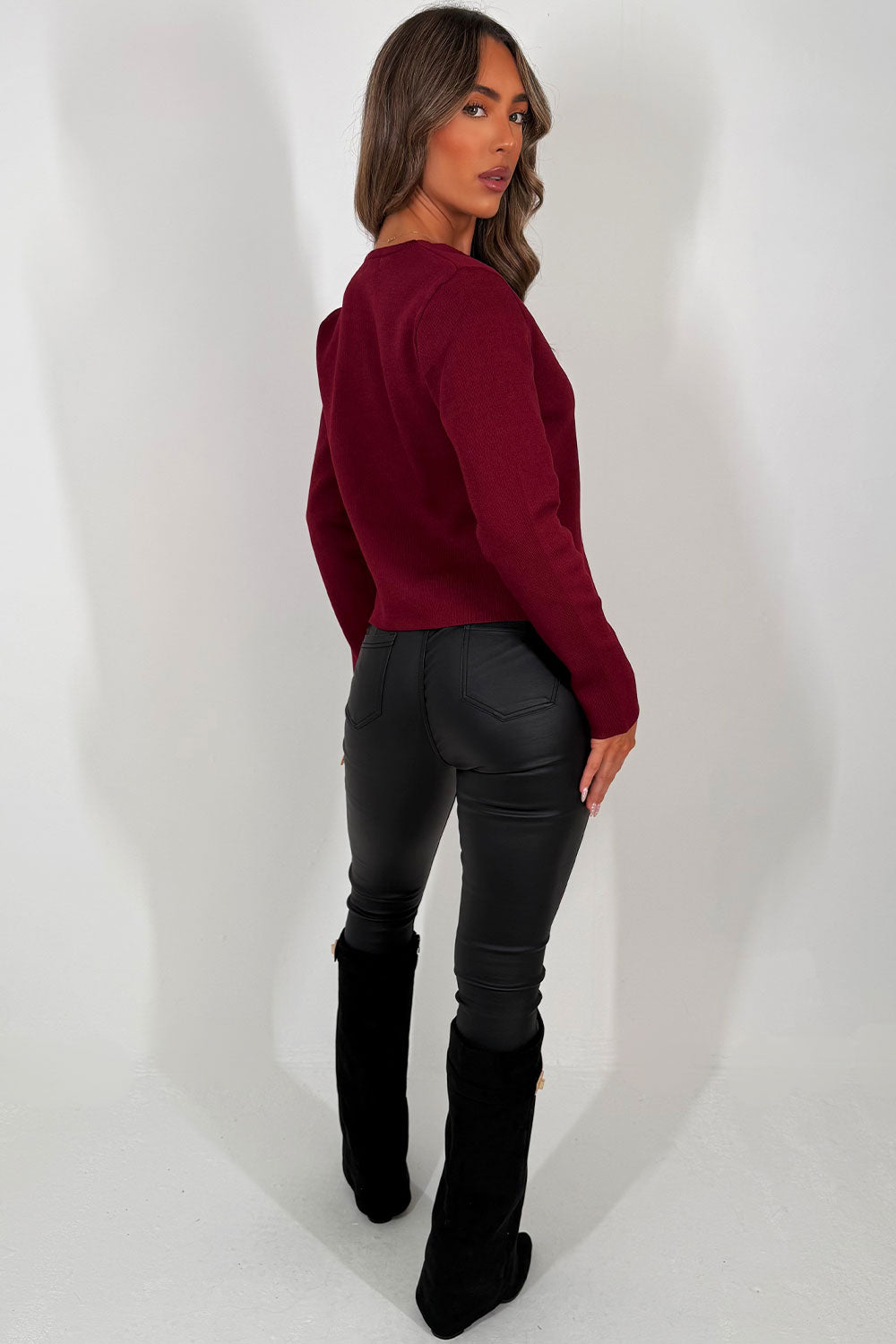 womens long sleeve knitted jumper with gold button christmas outfit styledup