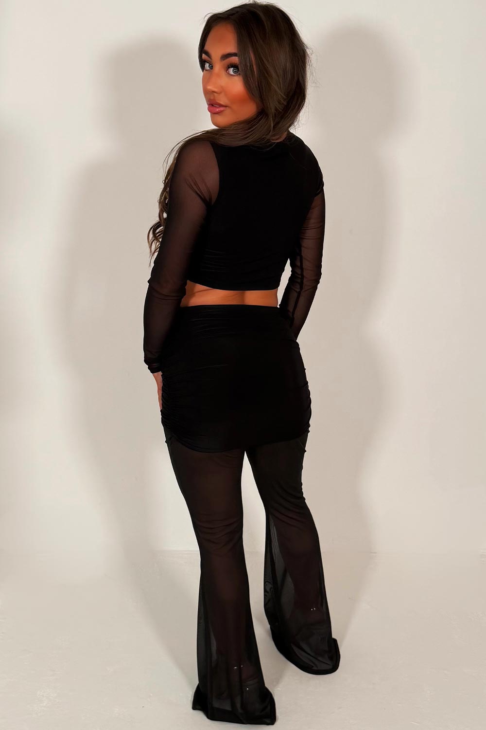 womens mesh lace flare trousers and long sleeve cut out twist front crop top two piece co ord set black styledup