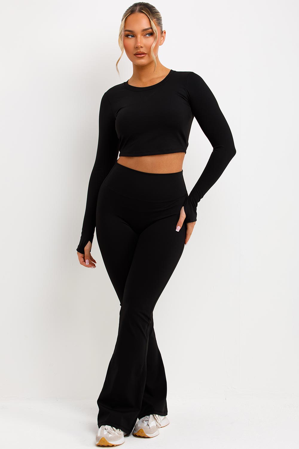 skinny flare scrunch bum trousers and sports top two piece matching set skims uk