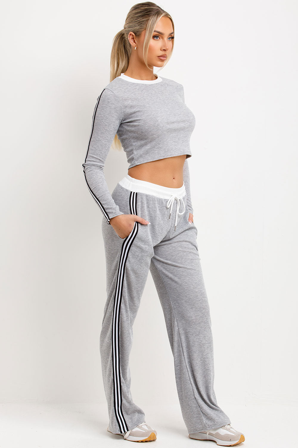 grey rib tracksuit with contrast side stripes womens loungewear co ord
