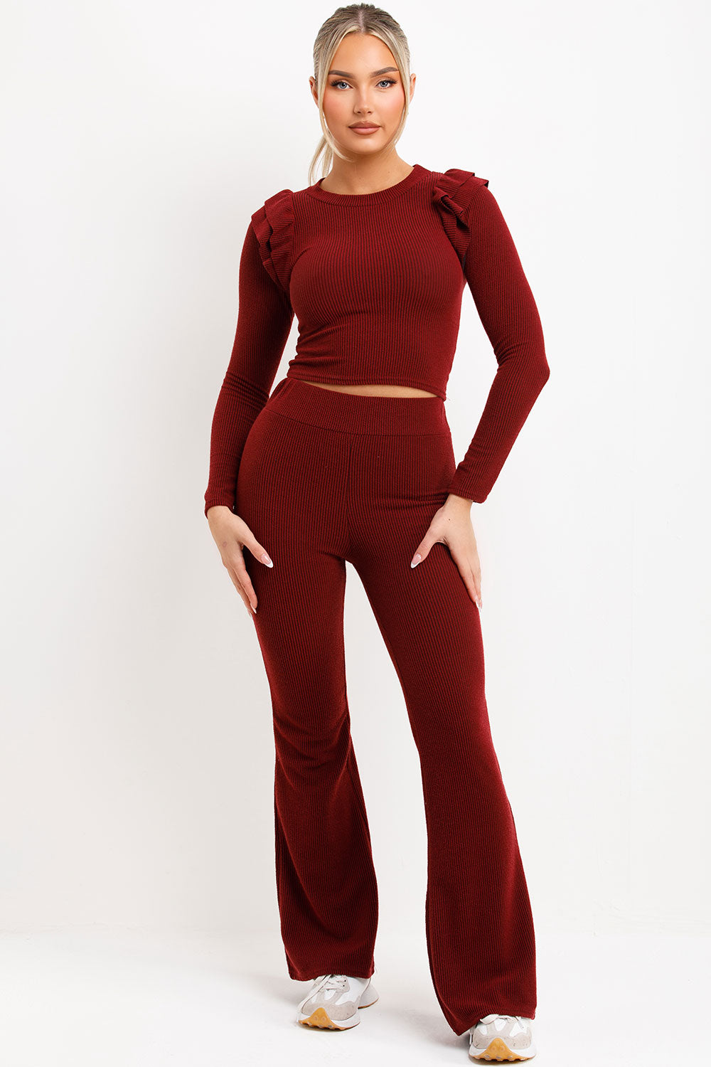 frill shoulder long sleeve ribbed top and skinny flare trousers loungewear co ord set womens streetwear