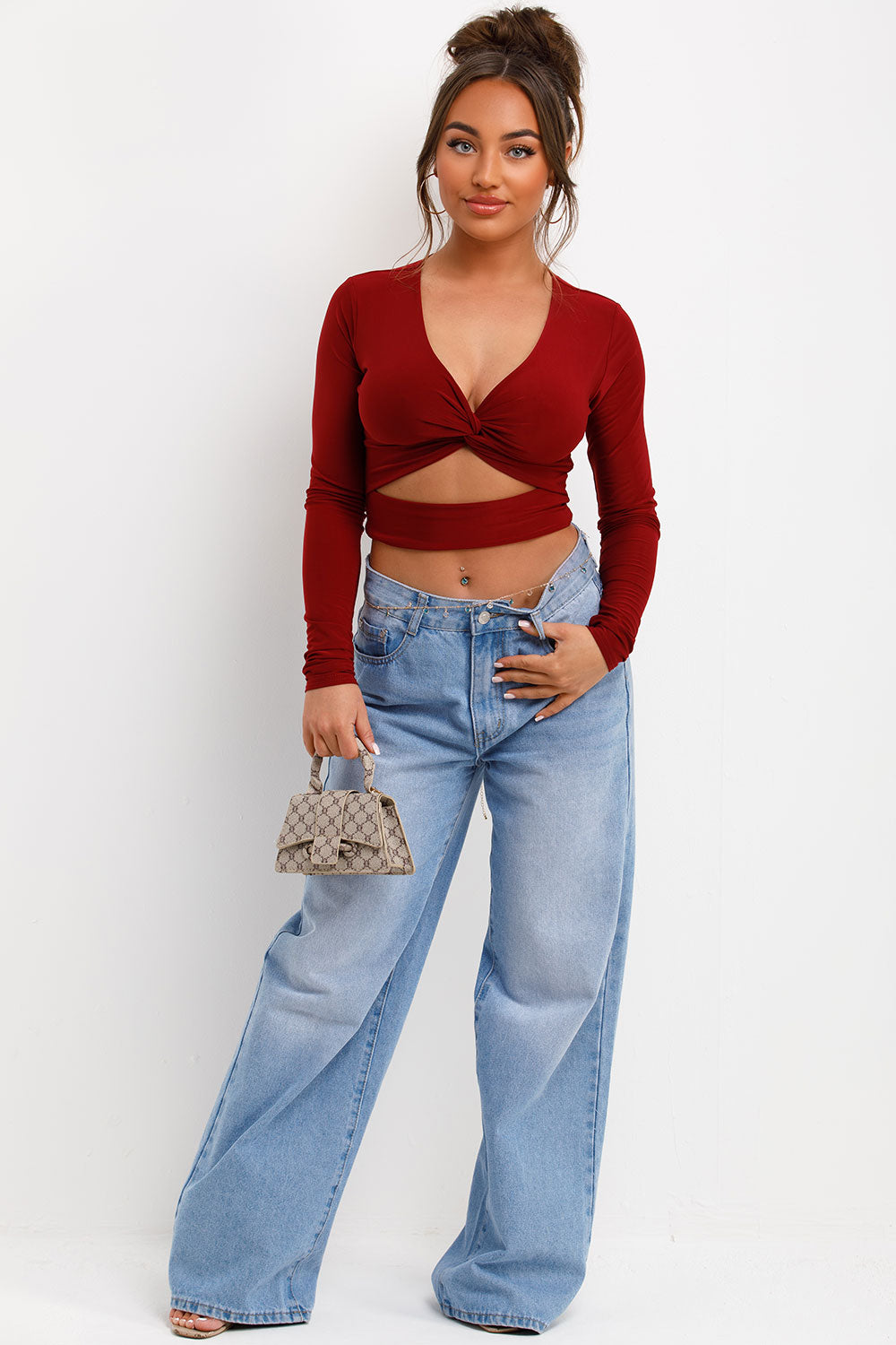 twist front cut out festival top burgundy