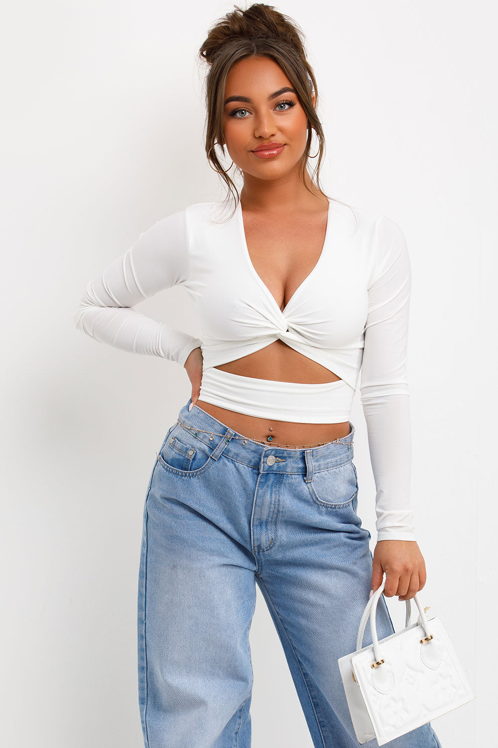 cut out long sleeve twist front festival top