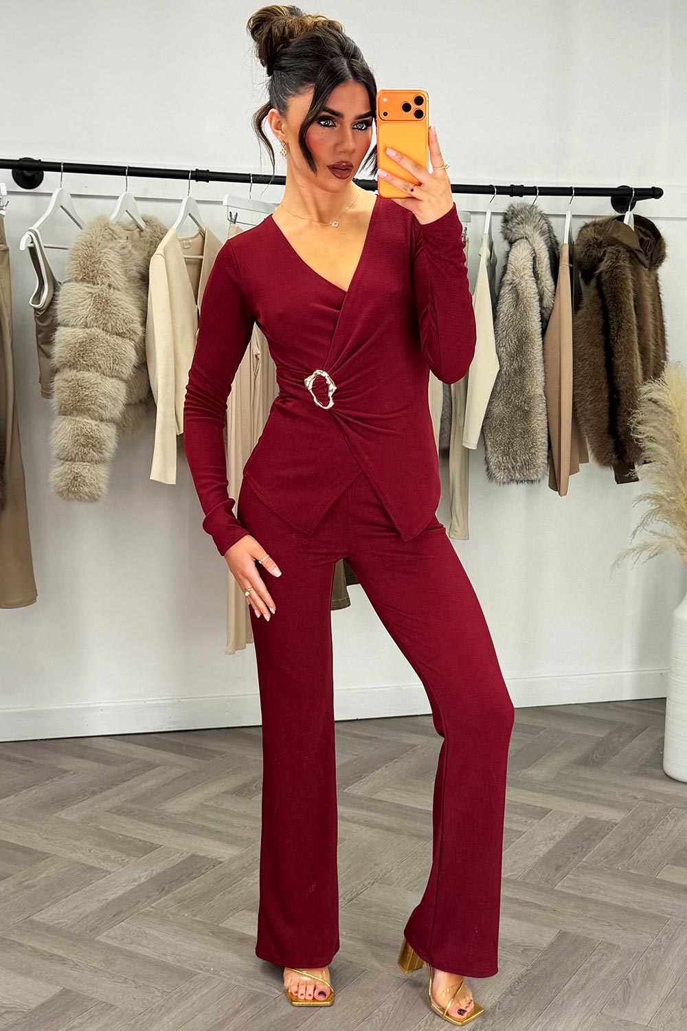 wide leg trouser and long sleeve gold buckle top co ord set burgundy styledup