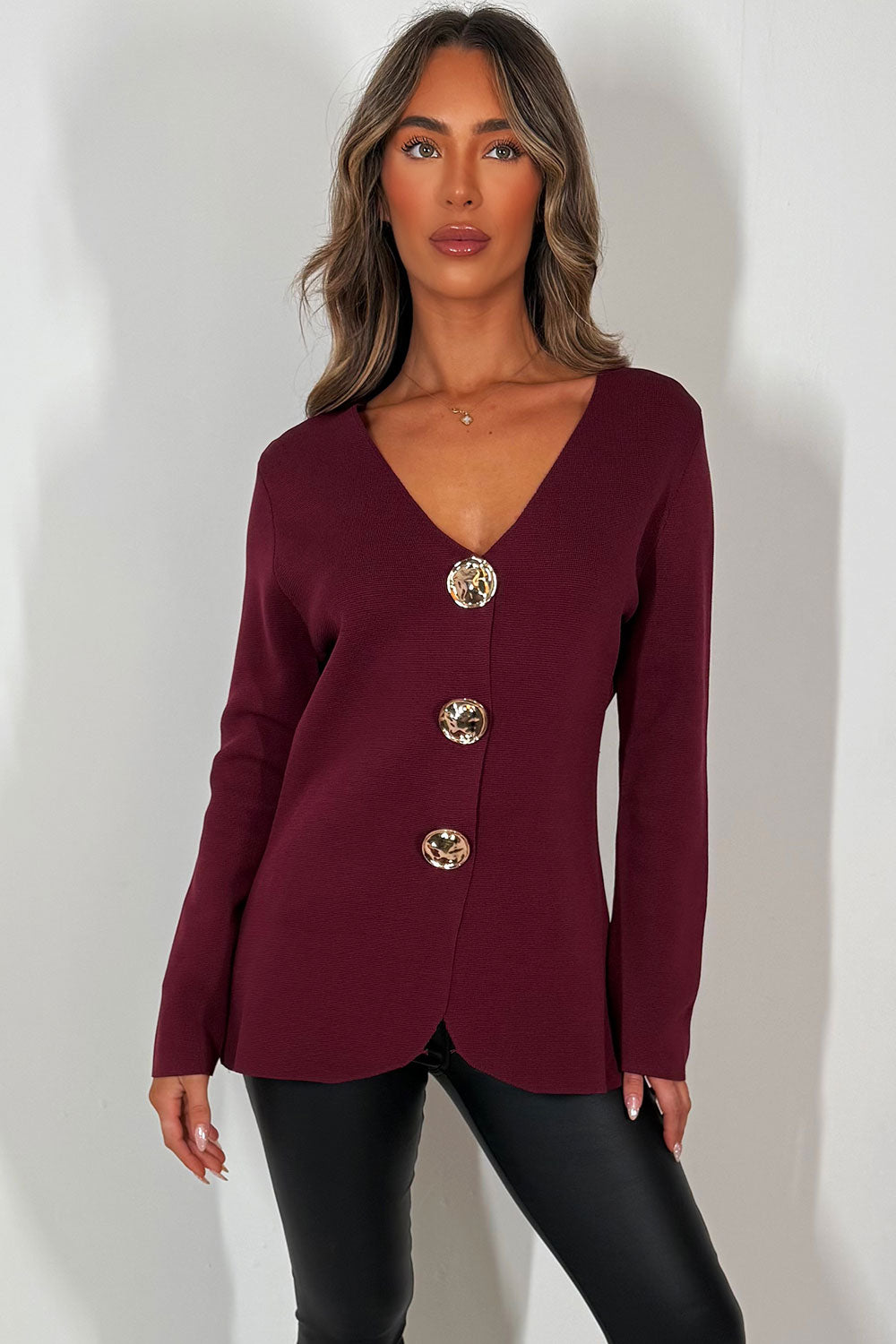 womens knitted jumper with gold buttons long sleeves