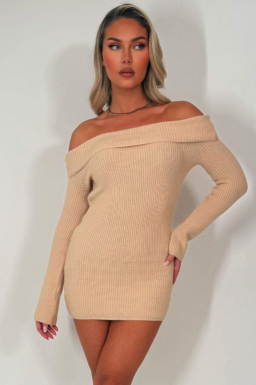 long sleeve knitted dress with fold over off shoulder neck line