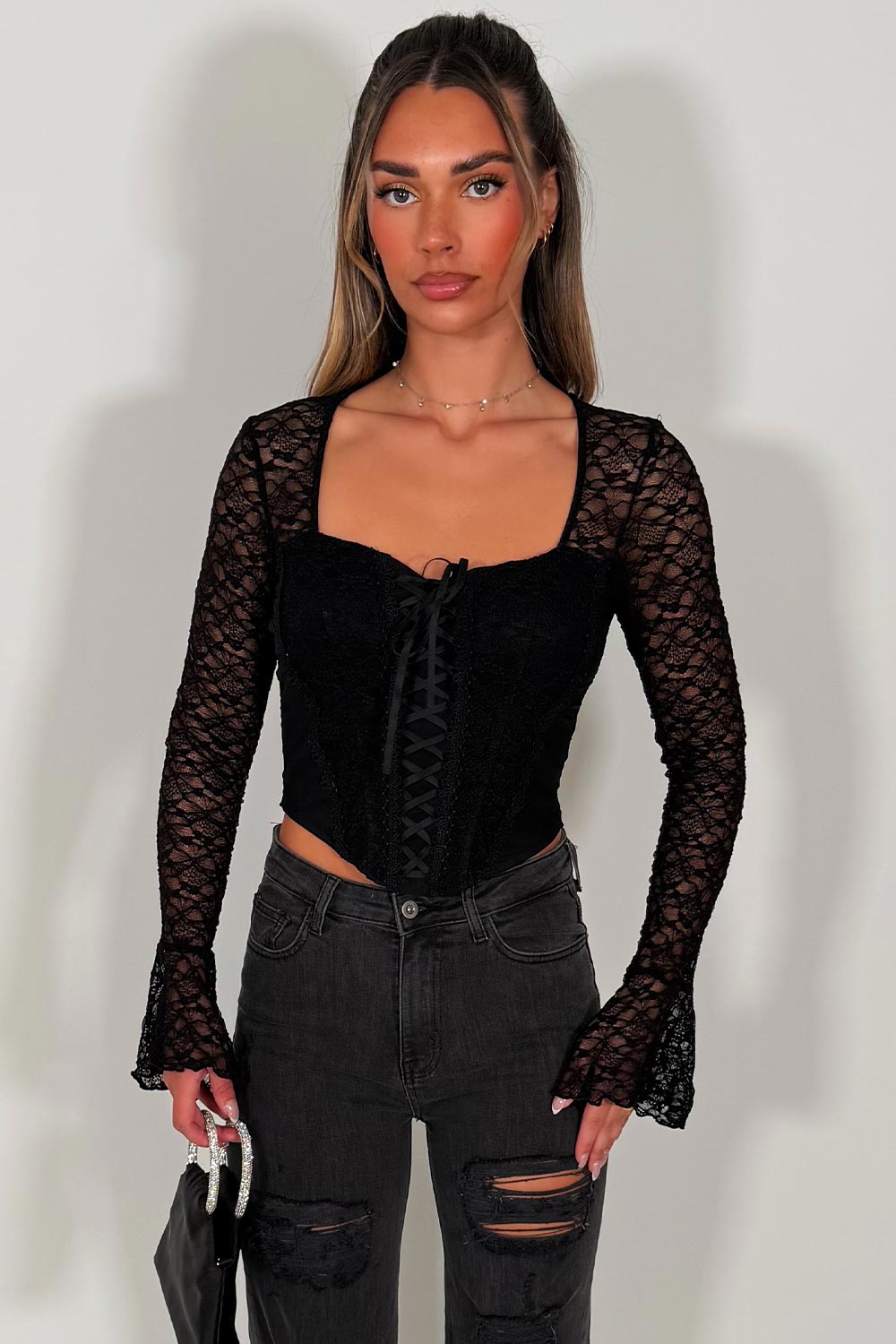 black lace long sleeve corset top going out occasion festival night out outfit styledup uk