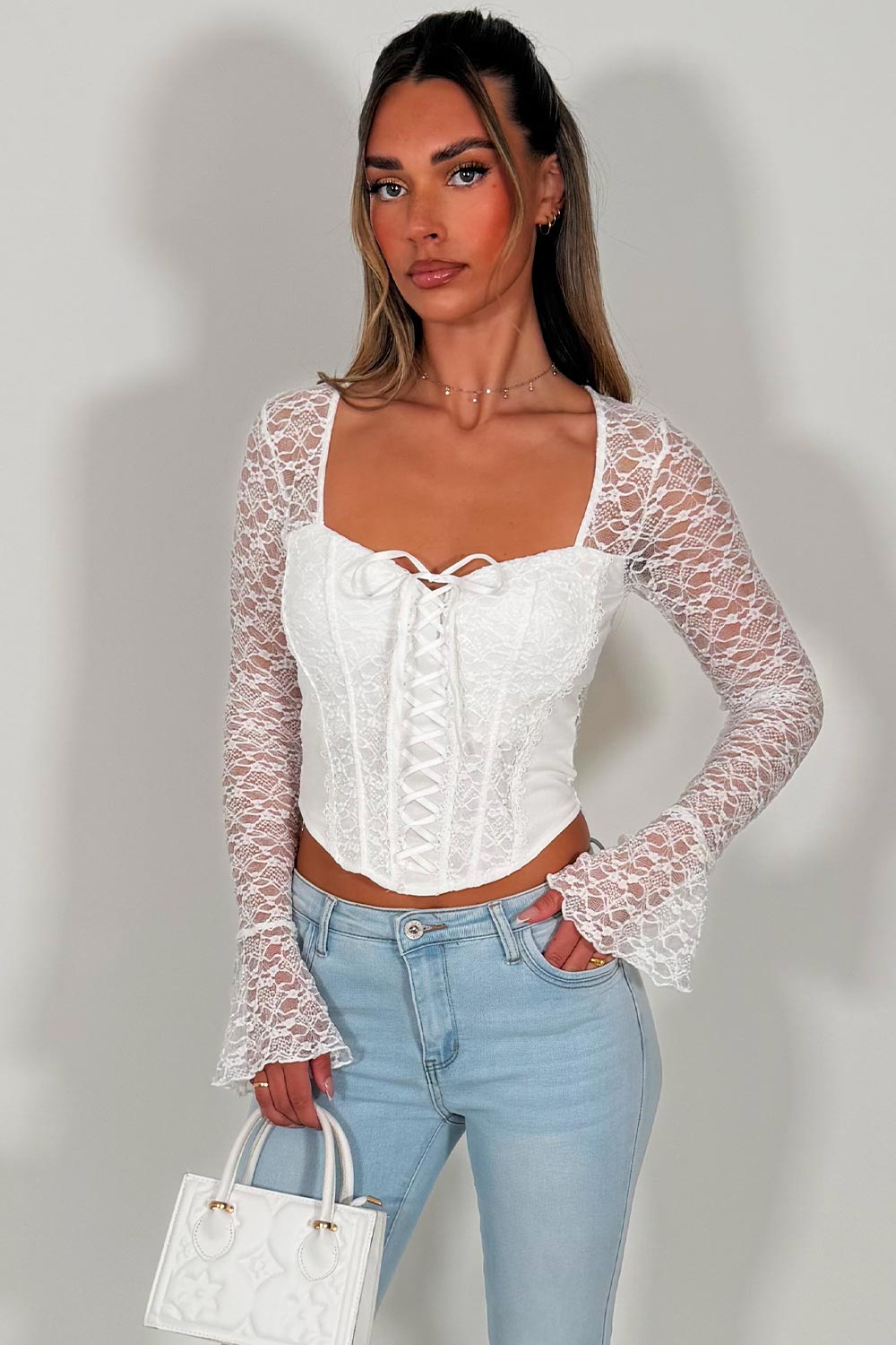 white lace long sleeve corset top going out occasion festival night out outfit styledup uk