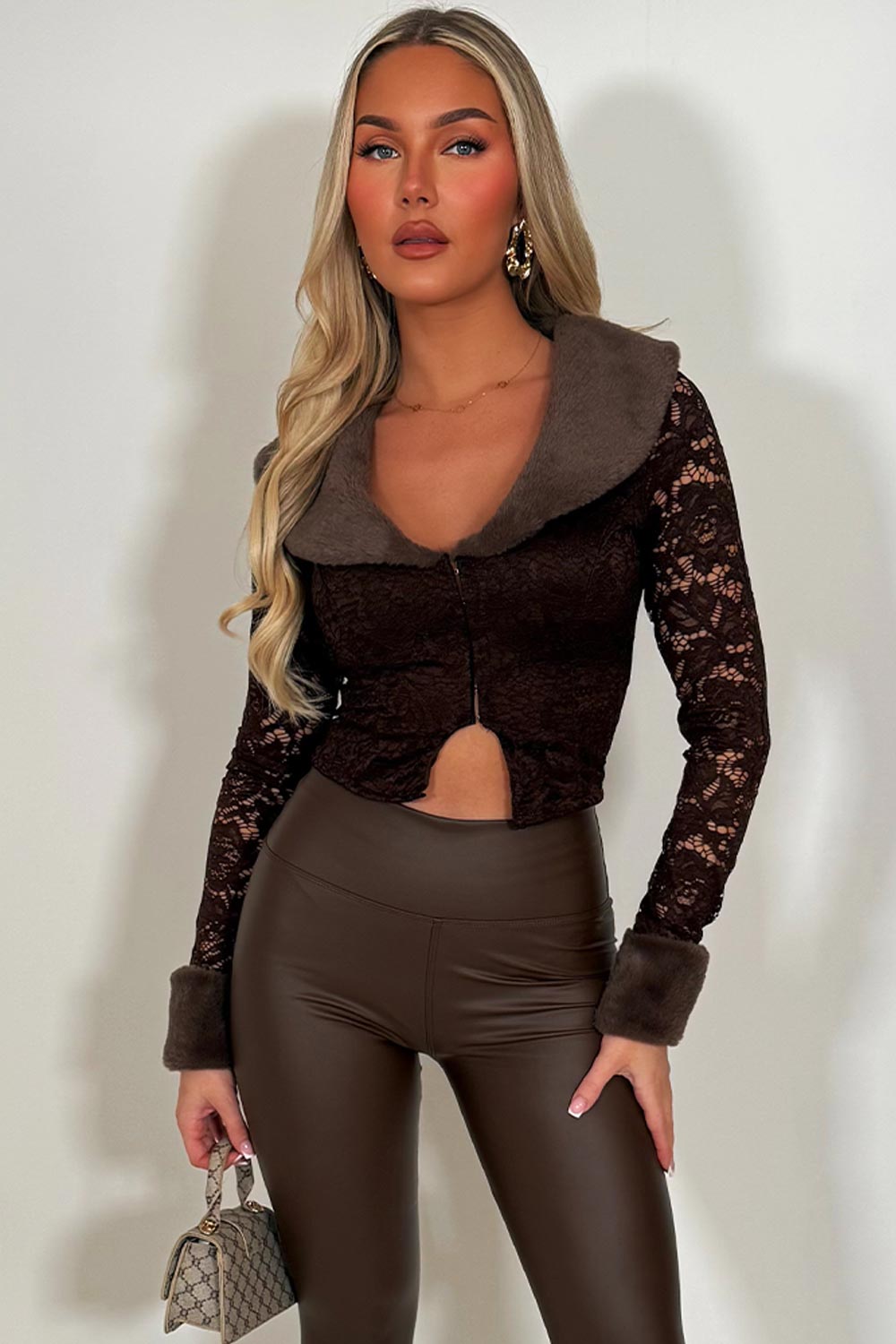 brown fur cuff and collar lace cardigan top oh polly styledup