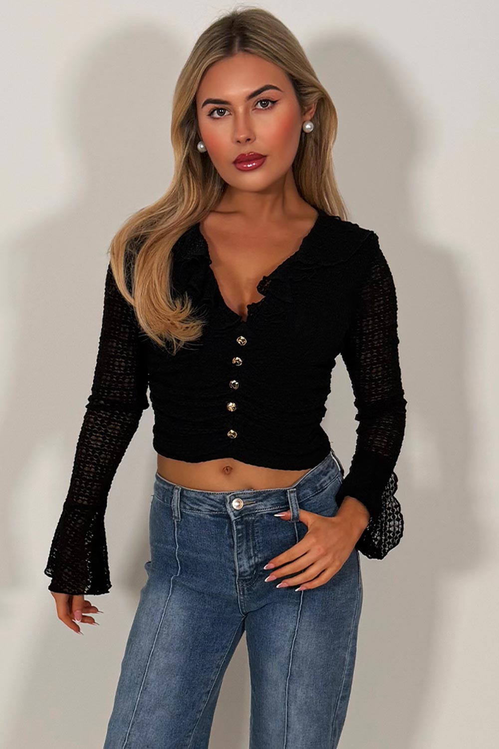 long sleeve ruffle frilly top with gold buttons summer holiday clothes styledup fashion uk