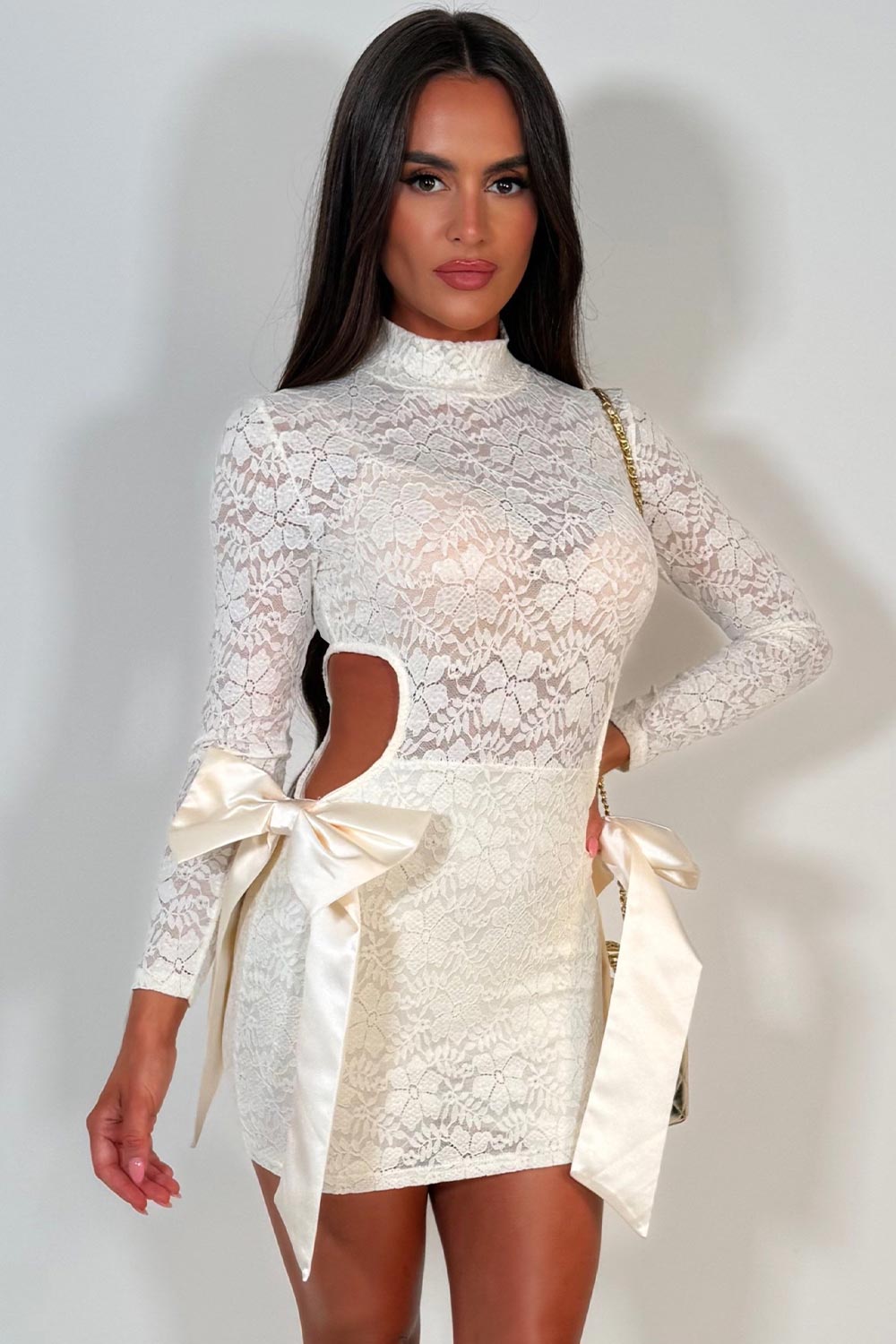 white cut out bow detail lace playsuit dress holiday festival christmas party outfit womens styledup uk