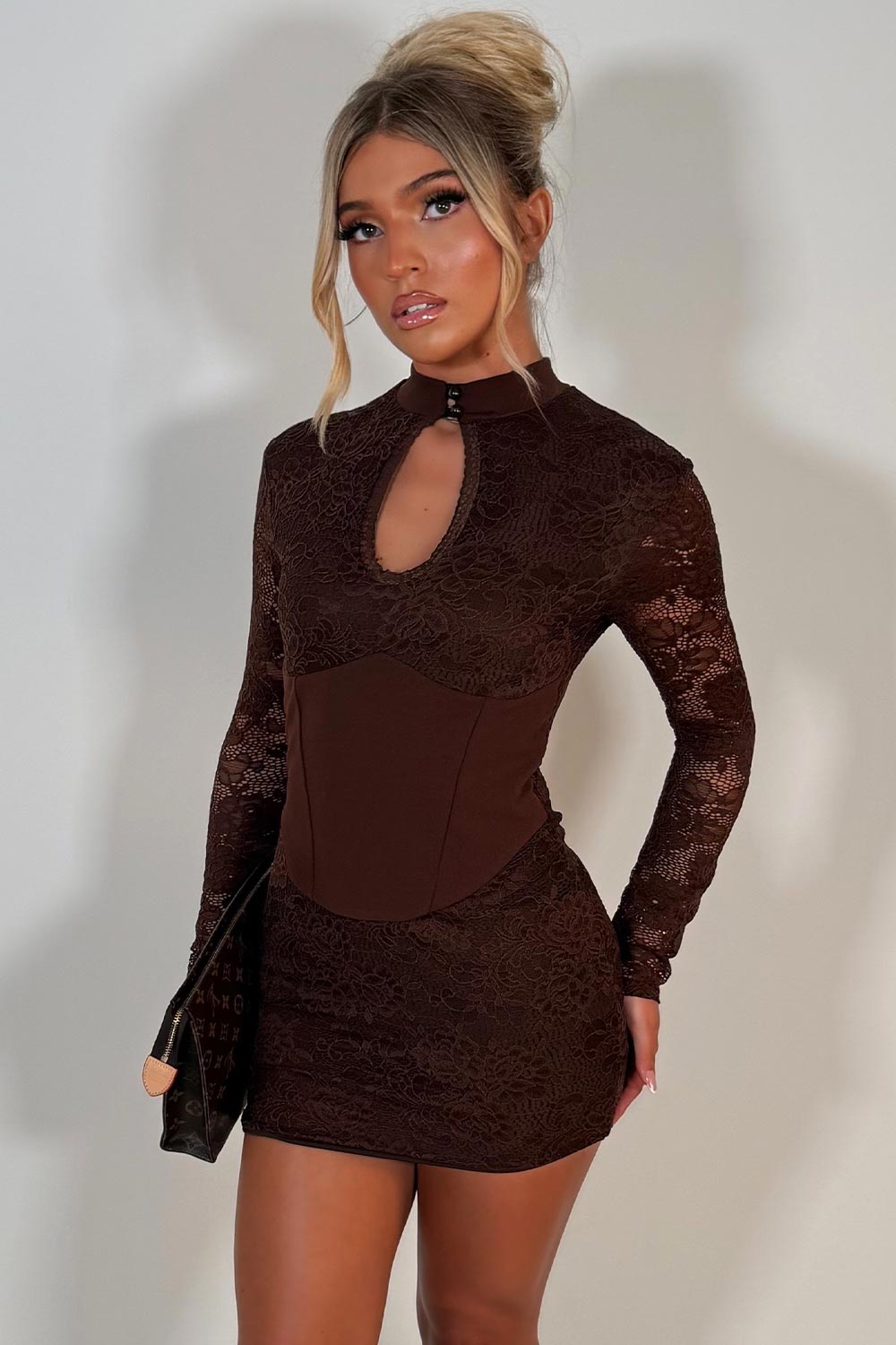 womens long sleeve lace cut out front mini dress with corset detail night out festival rave outfit black styledup uk