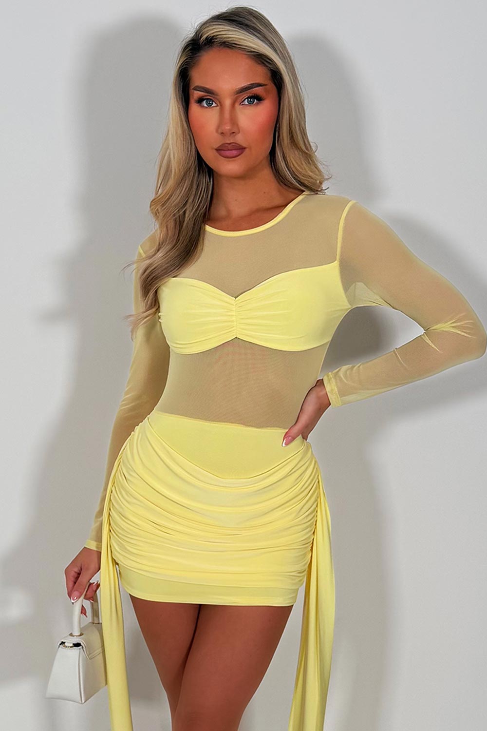 yellow summer occasion lace mini dress with drape detail night out party festival outfit for womens styledup