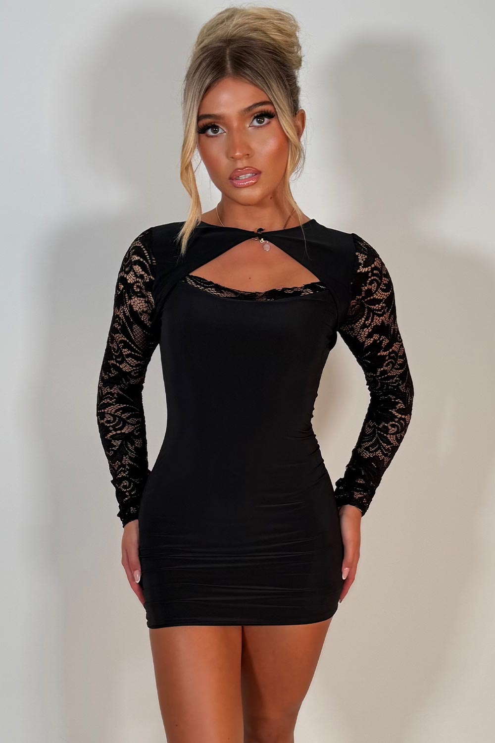 long lace sleeve cut out front mini dress black styledup uk