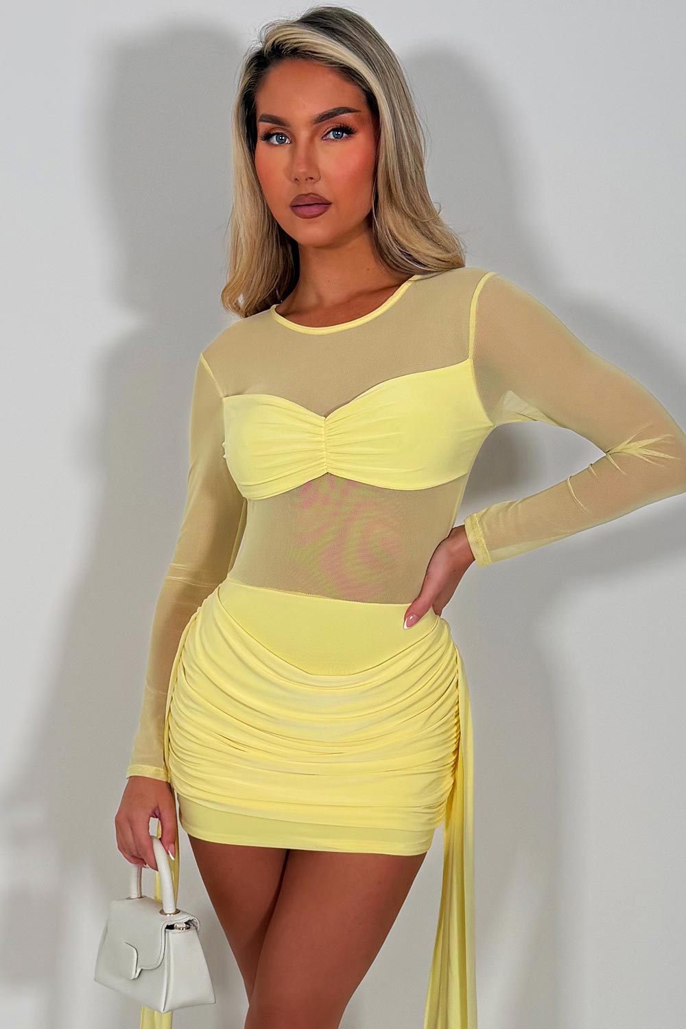 long sleeve lace mini dress with drape detail occasion party night out outfit styledup fashion white fox