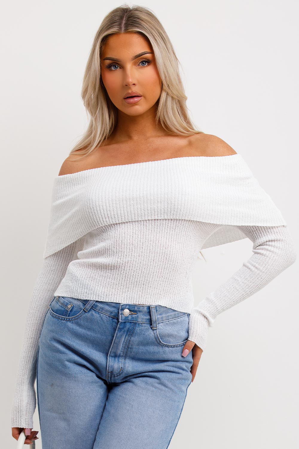 womens white bardot jumper knitwear