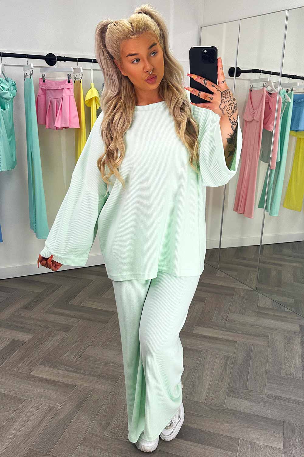 womens loungewear set ribbed long sleeve oversized top and wide leg trousers set