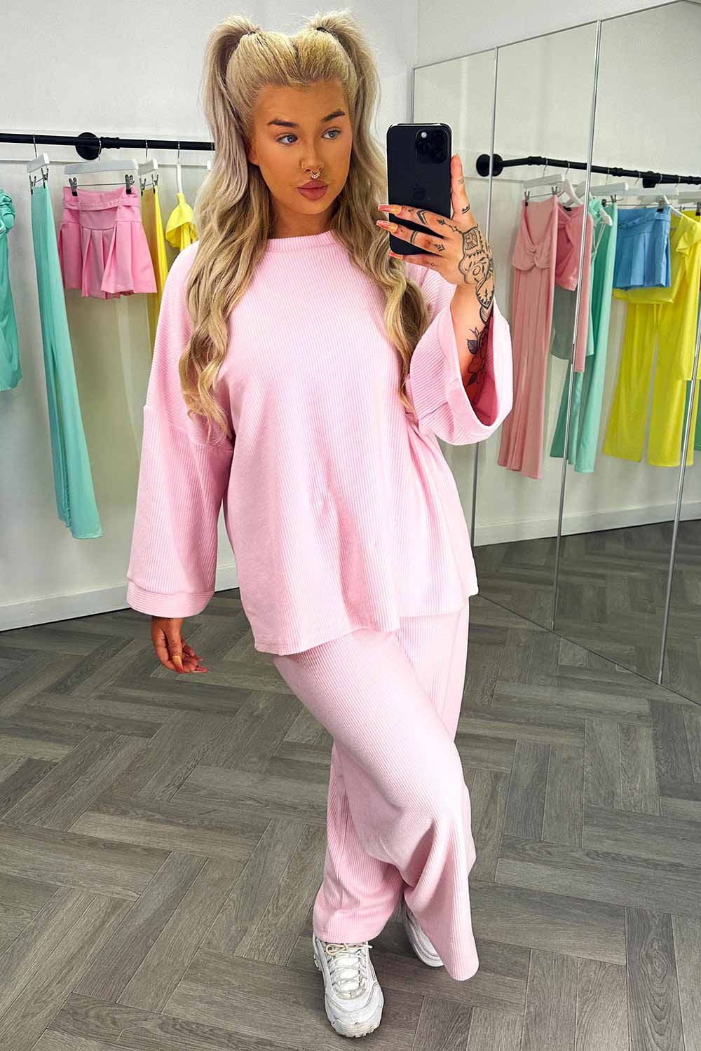 long sleeve drop shoulder oversized top and wide leg trousers two piece lounge set