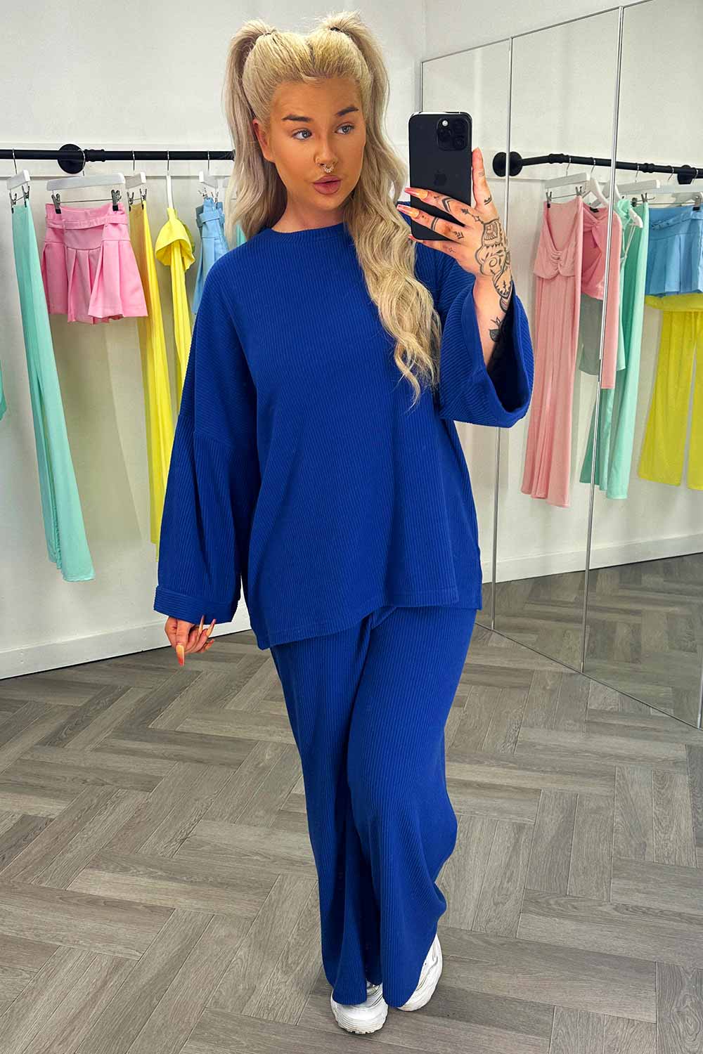 womens oversized drop shoulder top and wide leg trousers loungewear set royal blue