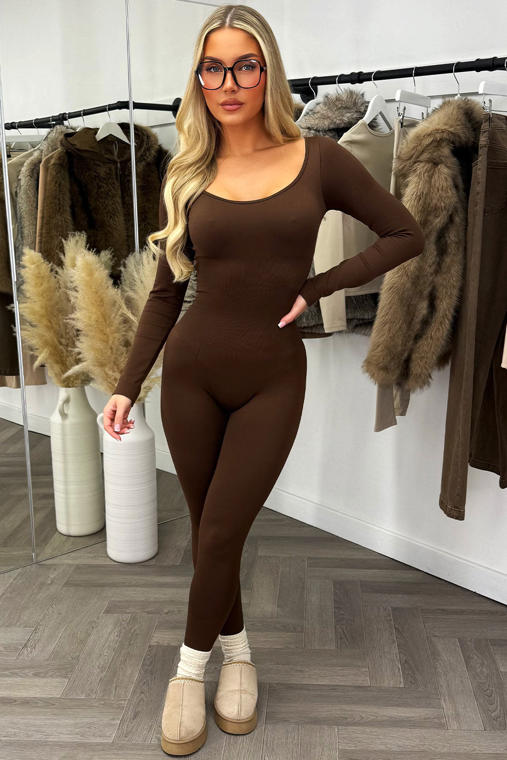 womens long sleeve seamless jumpsuit with bum lift structured contouring panels activewear styledup