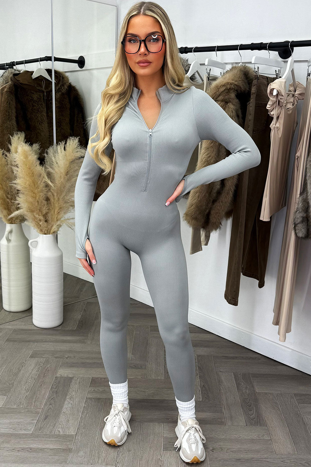 womens long sleeve jumpsuit with thumb holes sculpt bum lifting unitard brown styled up