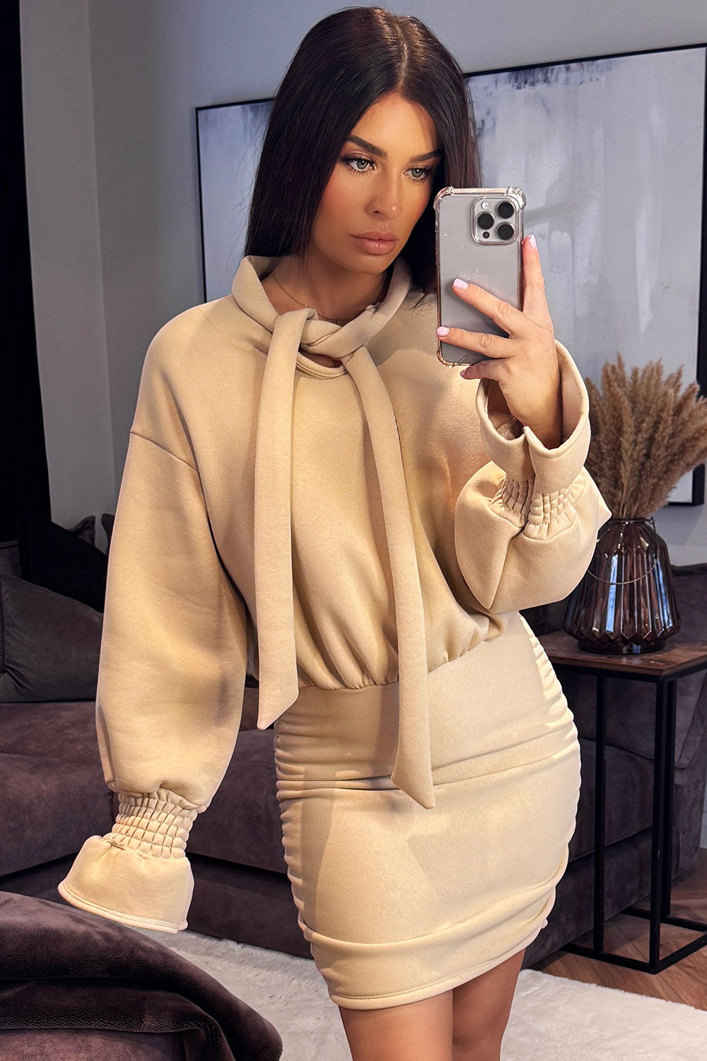 long sleeve jumper dress with ruffle cuff bodycon shape