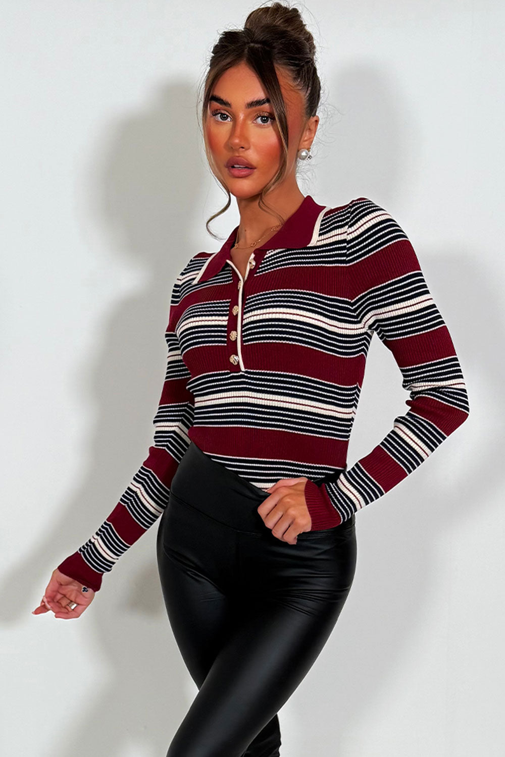 burgundy stripy long sleeve bodysuit top with gold buttons styledup